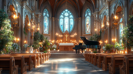 Grand piano in a luminous church, bathed in candlelight.  Stunning stained glass windows and ornate architecture create a serene and romantic atmosphere.