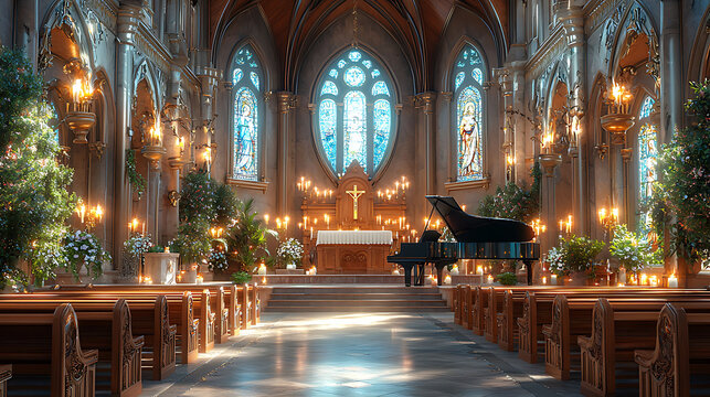 Grand piano in a luminous church, bathed in candlelight. Stunning stained glass windows and ornate architecture create a serene and romantic atmosphere.