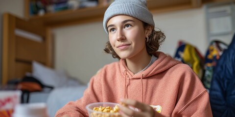 Young caucasian female enjoying cereal in cozy room wearing beanie and hoodie