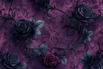 Gothic Floral Pattern. A gothic floral pattern featuring dark roses and ornate, swirling designs against a deep purple backdrop.