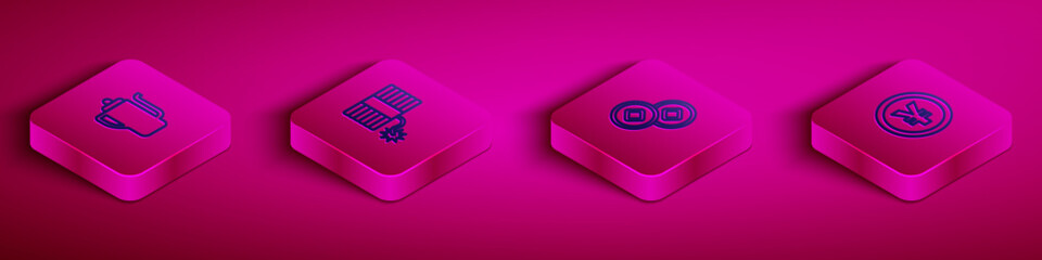 Set Isometric line Chinese tea ceremony, Firework, Yuan currency and icon. Vector