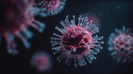 Close up view of multiple pink and blue virus cells with spikes against a dark background