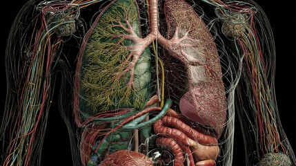 Anatomical illustration showing lungs intestines and vascular system in a human body detailed view