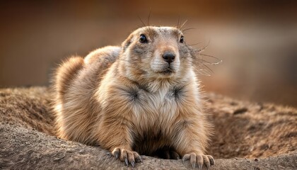 Naklejka premium Vivid Portrait of a BlackTailed Prairie Dog in High Definition, Showcasing the Small Mammals Curiosity and Elegance Against a Prairie Backdrop, With Warm Sunlight Illuminating Its Fur and