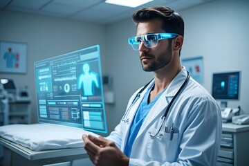 Male physician reviews patient X-ray on a computer in a modern hospital office, highlighting medical technology in healthcare