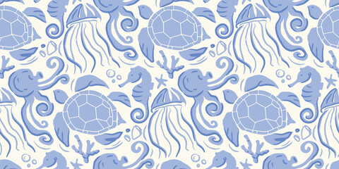 Summer seasonal Mediterranean seamless pattern background vector. Italian wallpaper of sea horse, squid, jellyfish, turtle. Summer doodle design for fabric, prints, banner, packaging, tile.