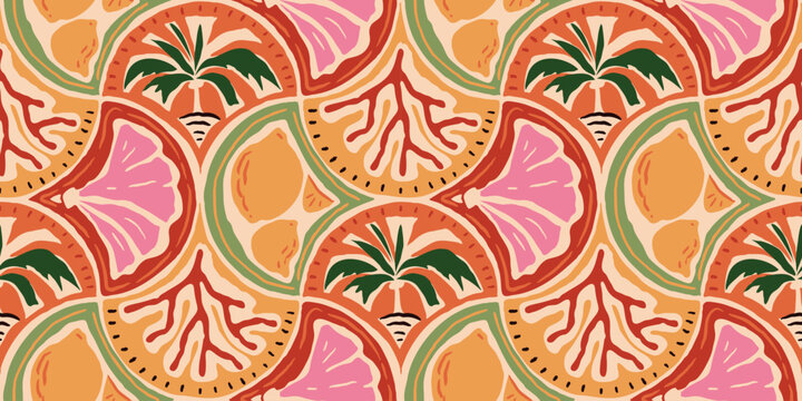 Fototapeta Summer seasonal Mediterranean seamless pattern background vector. Italian wallpaper of coconut tree, lemon, coral, flower. Summer doodle design for fabric, prints, banner, packaging, tile.