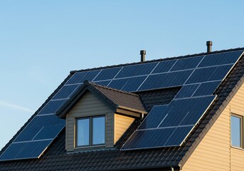 Fototapeta premium Close-up of new suburban house with a photovoltaic system on the roof. Modern eco friendly passive house with solar panels on the gable roof, with sunlight in the morning vibes