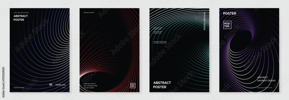 Poster abstract line wave gradient poster background vector set. minimalist cover template with vibrant per