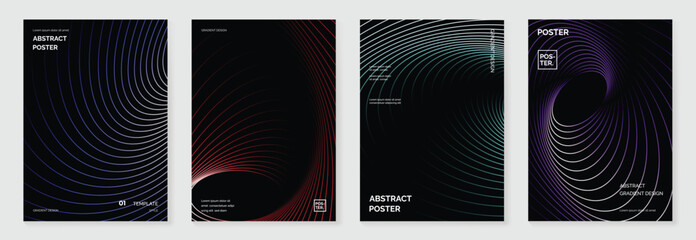 Abstract line wave gradient poster background vector set. Minimalist cover template with vibrant perspective line wave in motion. Ideal design for social media, cover, banner, flyer, music, ads.
