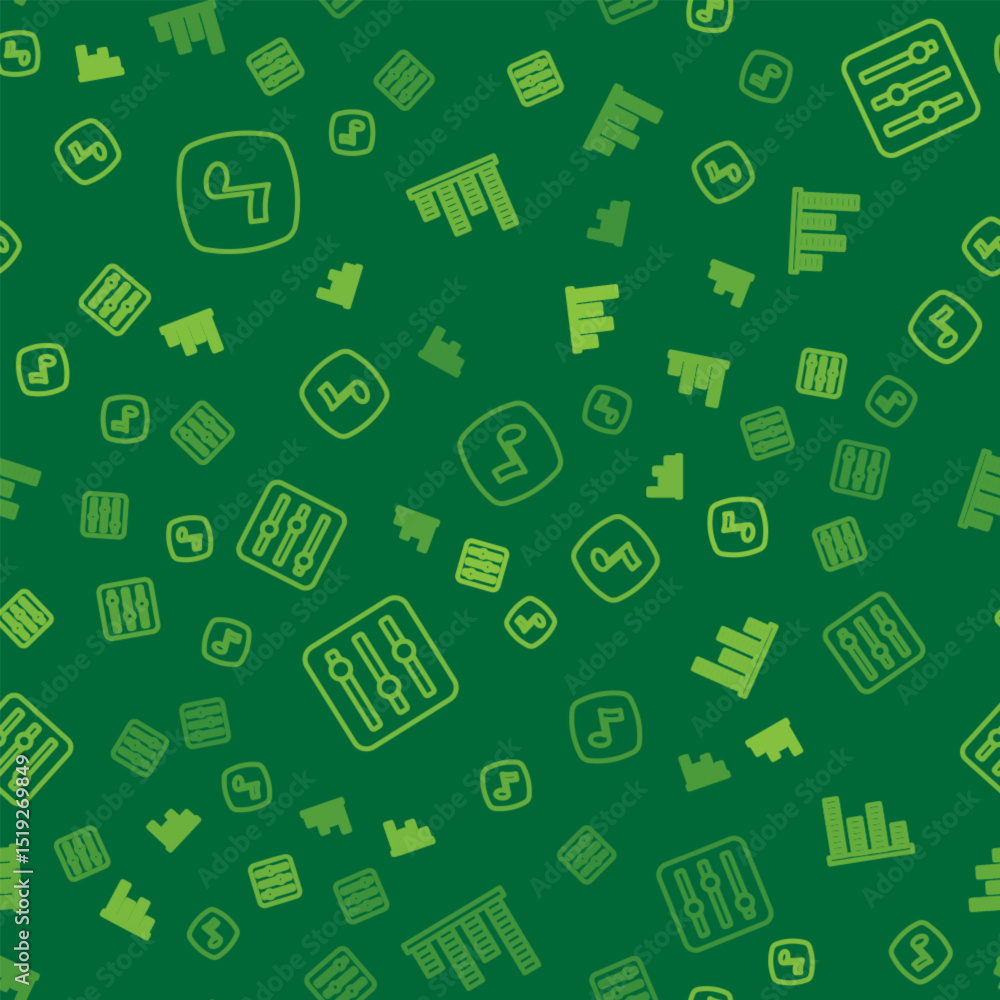 Poster set line music note, tone, sound mixer controller and equalizer on seamless pattern. vector