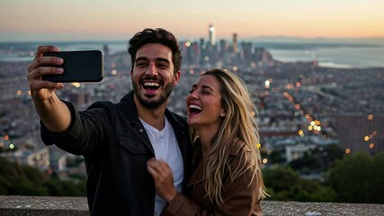 Joyful couple takes selfie with city skyline at sunset - Powered by Adobe