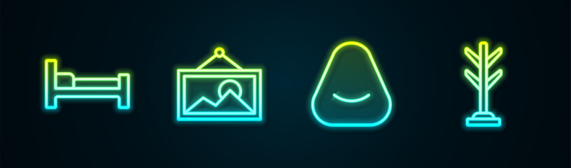 Set line Bed, Picture, Pouf and Coat stand. Glowing neon icon. Vector