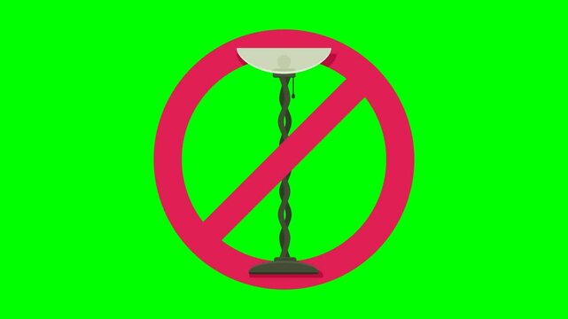 Appearance of a crossed out red circular prohibition symbol on a living room floor lamp on green screen with alpha channel in flat design style