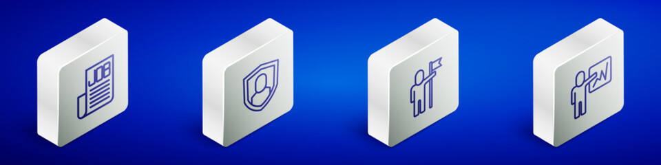 Set Isometric line Search job, User protection, Man holding flag and Leader of team of executives icon. Vector