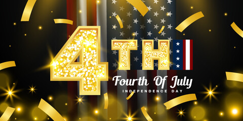 Fourth Of July Is Independence Day. American flag, number four, ribbon and light. Great for posters, banners and social media. Black background.