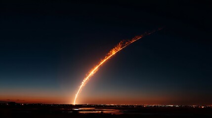 Night launch of a rocket with a fiery trail against a dark sky over a distant city lights