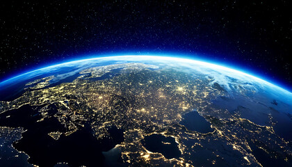 Stunning night view of Earth from space, showcasing city lights across a vast landmass.  Perfect for illustrating global connectivity, technology, or environmental themes.