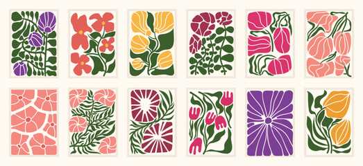 Fototapeta na wymiar Botanical doodle background art vector set. Flower and leaves abstract shape doodle art design for print, wallpaper, clipart, wall art for home decoration.