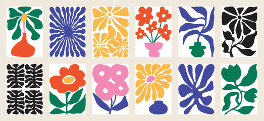 Botanical doodle background art vector set. Flower and leaves abstract shape doodle art design for print, wallpaper, clipart, wall art for home decoration.