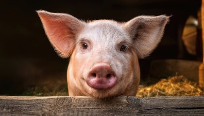 Closeup of a Cute Pink Pig in a Rustic Wooden Farm, with a Gaze of Introspection and Warmth through Black Eyes, Snapshot Taken from a Gigapixel Perspective.