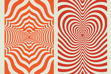 abstract optical illusion design featuring a concentric heart pattern made from bold, curved red and cream-colored stripes