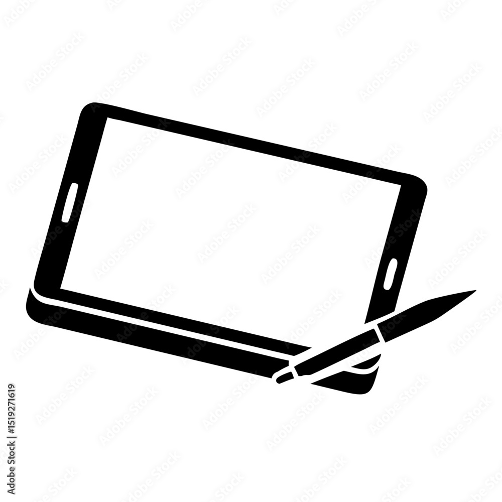 Poster tablet computer icon with stylus pen. digital tablet and pen for drawing or note taking. this simple