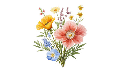 Floral Bouquet Composition Watercolor Wildflowers Isolated on Transparent Background, Spring, Botanical Illustration, Flowers, Watercolor, PNG