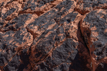 Fire Wave Trail, red Aztec Sandstone outcrops, Early Jurassic geological formation of primarily eolian sand. Valley of Fire State Park, Clark County, Nevada geology. Weathering. Desert varnish