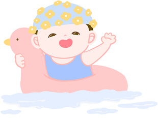 분홍색 오리 튜브를 타고 미소 짓는 아이 일러스트