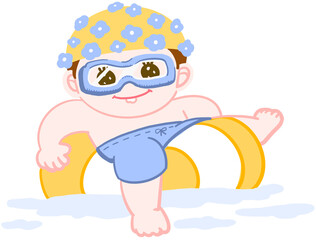 눈이 초롱초롱한 미소 짓고 있는 수영모와 수영복을 착용한 아이가 튜브를 타고 있는 모습 일러스트