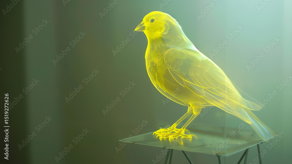 Poster This holographic projection of a radiant bird floats above a clear base in a dimly lit space.