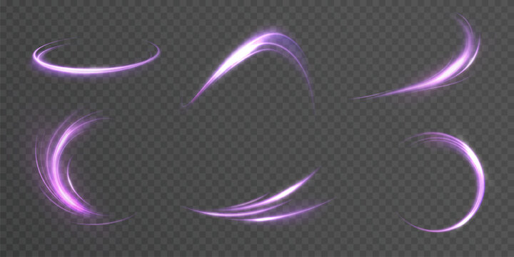 Purple arcs of light with soft glow and magic trail on transparent background. Suitable for visual effects, spells and fantasy design.
