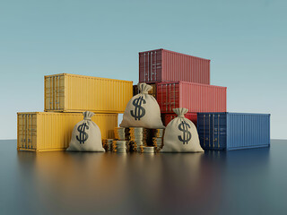 Economic Shipping, A visual representation of global trade, featuring a stack of brightly colored shipping containers and overflowing money bags.
