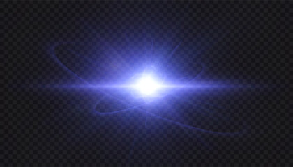 Blue energy explosion with glowing core and swirling light trails on transparent background. Abstract vector light effect.