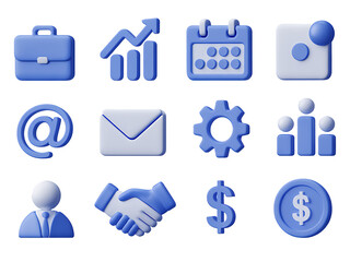 Business Icons Set, A collection of 3D rendered business icons in shades of blue, representing various aspects of commerce and finance.