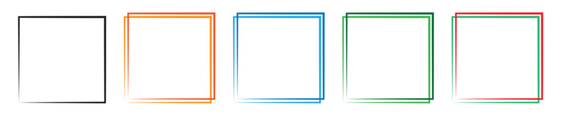 Five simple square frames vector designs and colorful borders, in black, orange, blue, green, and red, suitable for showcasing images or text ideal for picture frames, page borders etc.