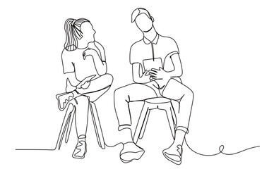 continuous line art of a man and woman sitting on chairs talking about their work. vector illustration transparent background