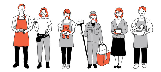 さまざまな職業で働く人々のイラスト（カフェ店員・美容師・保育士・清掃員・図書館司書・パン屋）