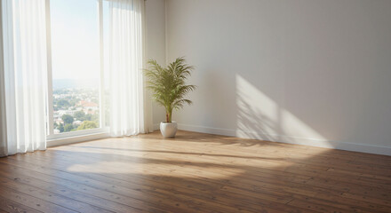 Bright empty room with white walls and a potted plant. Sunny bright room interior with panoramic window