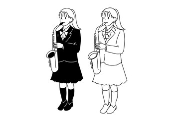 サックスを演奏する女子高生のイラスト（制服・部活動・吹奏楽）