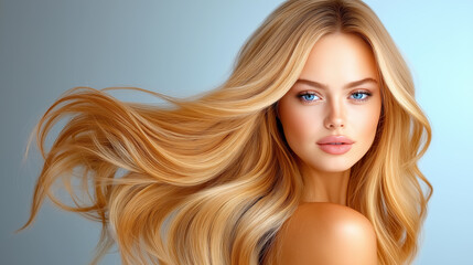 Blonde woman with long flowing hair on blue background