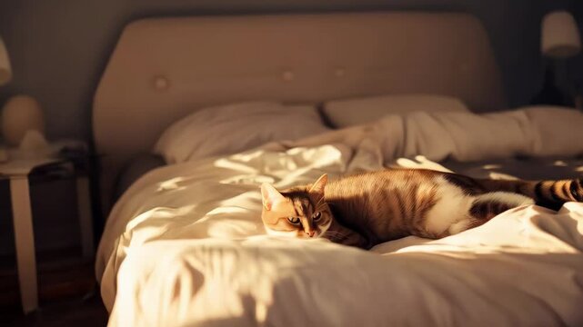 Soft furred brown tabby cat lounging peacefully on rumpled bedding, basking in warm morning sunlight filtering through bedroom window