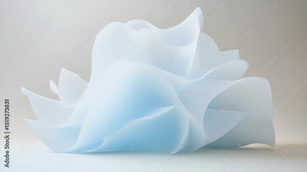 Poster 抽象的な青と白の波状の形をした彫刻的な構造 明るいソフト照明の背景にミニマルなデザイン要素