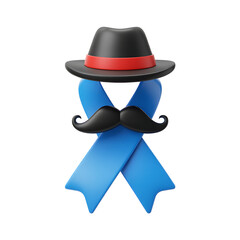 Prostate Cancer Awareness, A stylish 3D rendered illustration of a blue ribbon, a black fedora, and a handlebar mustache symbolizes prostate cancer awareness and men's health.