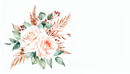 Watercolor white rose with green eucalyptus and brown dried grass floral arrangement for wedding and romantic design elements