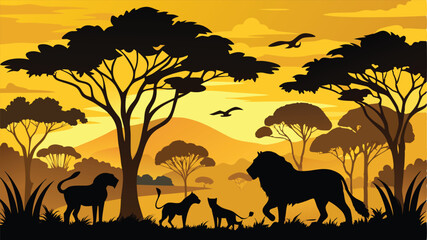 Lion family silhouette in the African savanna at sunset or sunrise