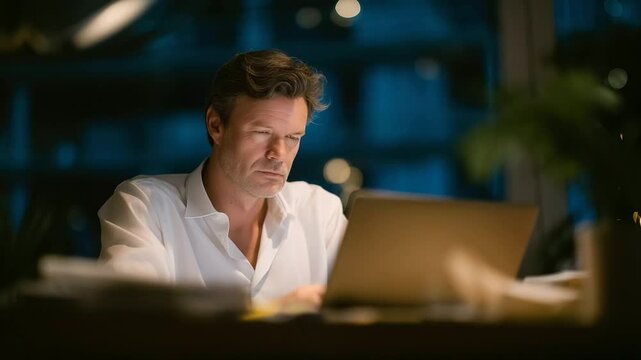 Strained worker in a cluttered home office with a blank laptop screen