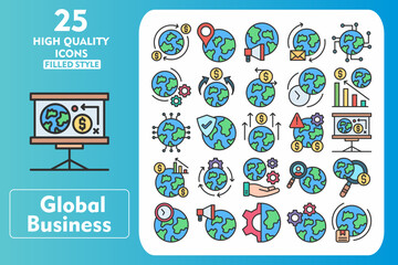 Global Business Line Filled Icon Set. Incleded Icons Money Transaction, Global Security, Human Resources, World, Time Zone, Global Marketing. Vector Icons Collection