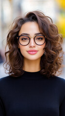 Young woman with curly hair and glasses
